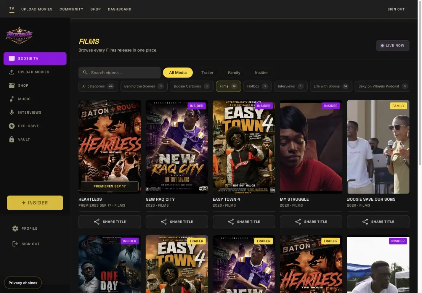 Boosie Network desktop member catalog with film browsing filters and membership access labels