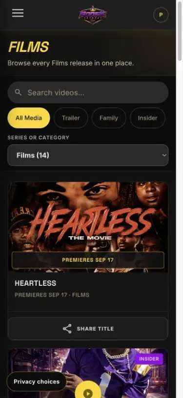 Boosie Network mobile film catalog with search, membership filters, and the Heartless premiere poster
