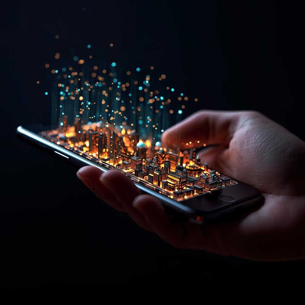 Hand holding a premium smartphone with a glowing miniature cityscape of illuminated buildings and golden business markers emerging from the screen.